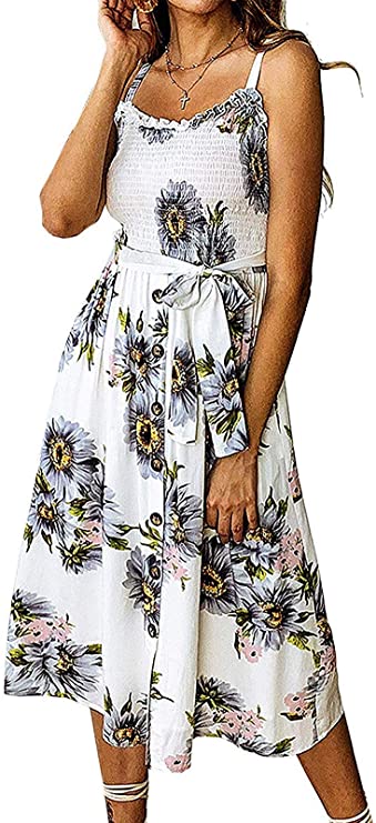 INIBUD Summer Midi Dresses for Women Button Down Long Beach Sun Dress Floral Print Swing A-Line 2 Side Pockets with Belt
