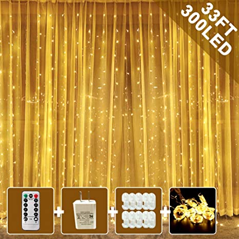 OurWarm Window Curtain String Light, 300 Waterproof LED Twinkle Lights, 8 Modes Fairy Lights USB Remote Control Lights for Christmas Bedroom Party Wedding Home Garden Wall Decorations(9.9x9.9 Ft)