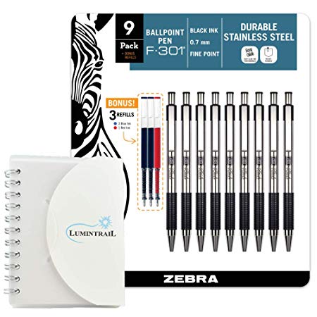 Zebra F-301 Ballpoint Retractable Pen, Fine Point 0.7 mm, 9 pens per pack with 3 Refills and a Lumintrail Memo Pad (60 Pages)
