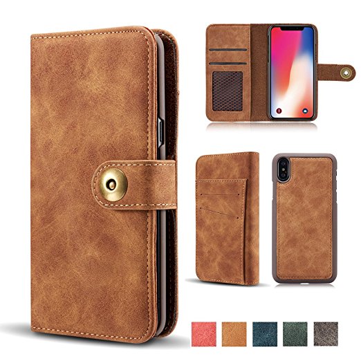 iPhone X Case, Vintage 2 in 1 [Magnetic Detachable] Flip Wallet PU Leather Slim Case Retro [4 Card Holder] Slot Wallet Removable Protective Folio Book Cover for iPhone X / iPhone 10 5.8” 2017 - Brown