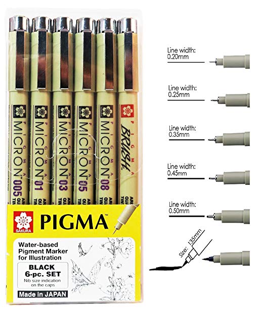 Sakura Pigma Micron drawing pens set, (Size: 005, 01, 03, 05,08, Brush tip) black fineliner artist pen (Pack of 6 pen)