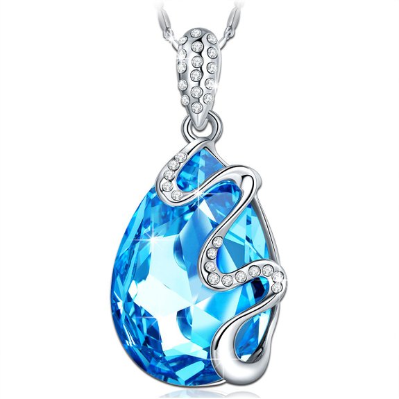 Qianse White Gold Plated Pendant Made with Teardrop Ocean Blue Swarovski Elements Crystal Necklace Mothers day Gift