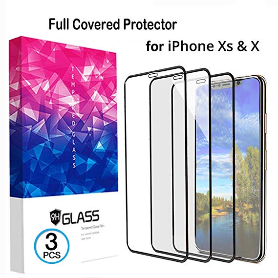 Tempered Glass Screen Protector Anti-Scratch and Anti-Fingerprint for iPhone X & XS (5.6 in), Durable Ultrathin Shatterproof 5D Tempered Glass Screen Protector [ Full Edge to Edge ] - 3PCS