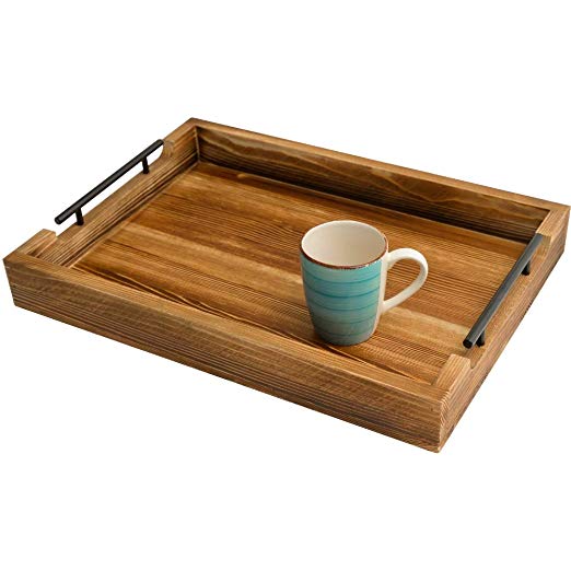 Rustic Serving Tray by East World – 20” Decorative Tray, Torched Wood Tray, Food Tray, Tea Coffee Tray, Serving Trays for Parties, Wooden Serving Trays for Ottomans and Breakfast in Bed Tray Table!