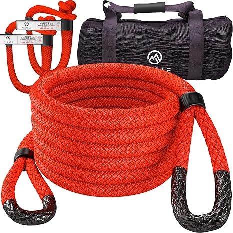 Miolle Kinetic Recovery Tow Rope 1" x30' - 33,900 lbs MBS, Heavy Duty Kinetic Rope, USA Spectra 2 Soft Shackles 3/8' x 6" 35000 lbs MBS