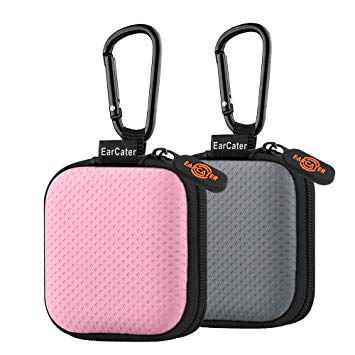 SUNGUY [2 Pack] Square Portable Soft EVA Pocket Sized Carrying Case with Extra Carabiners for Earbud MP3 Bluetooth Earphone Headset Parts,Memory Card,USB Flash Disk and More (Gray Pink)