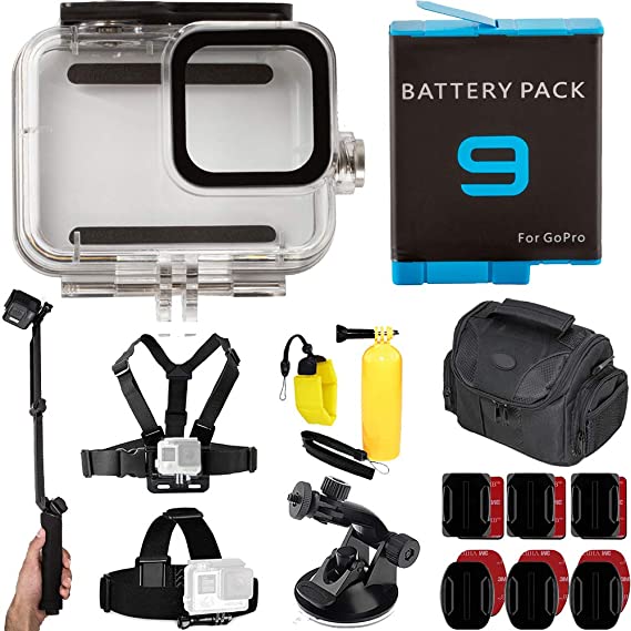 Ultimaxx 50M Underwater Housing for GoPro Hero 9 (Black) with Replacement Battery for GoPro HERO9 - Also Includes: Medium Size Gadget Bag, Floating Bobber, 3-in-1 Monopod/Tripod/Video Grip, & More