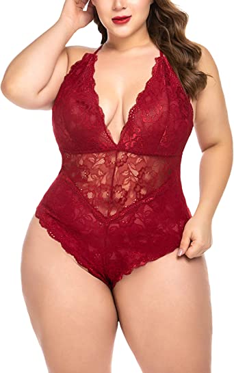 ELOVER Lingerie for Women Plus Size Lace Teddy Lingerie Bodysuit One Piece Babydoll