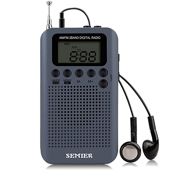 SEMIER Digital Tuning AM FM Portable Pocket Radio Battery Operated Compact Transistor Radio with Earphones, Alarm Clock, Sleep Timer,Clear Loudspeaker for Walking/Running (Grey)