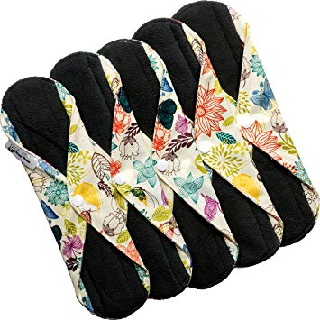 Caring Panda - Reusable Bamboo Cloth Sanitary Pads - MEDIUM FLOW - Washable Cloth Menstrual Napkins Premium Bamboo Quality - 5Pack Flower Pattern - Charcoal Layer to Avoid Leaks, Odors and Blood Stains (Medium, 23cm / 9inches, Flower Field)