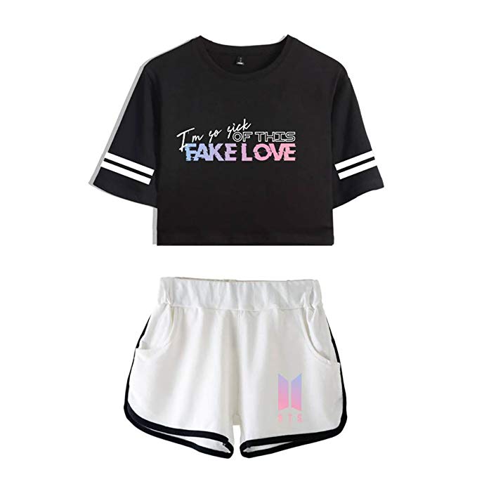 JUNG KOOK Kpop BTS Fake Love Hot Pants   Midriff-baring Shirts Set Shorts Tee