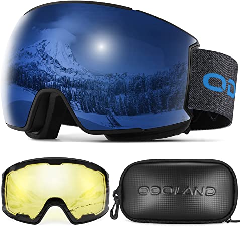 Odoland Magnetic Interchangeable Ski Goggles Set with 2 Lens, Anti-Fog 100% UV Protection Snowboard Snow Goggles Men Women