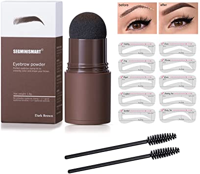 Eyebrow Stamp Kit,One Step Eyebrow Stamp Waterproof,Makeup Eyebrow Powder Stencil Kit,Eyebrow Stamp Makeup Tools,10 Reusable Eyebrow Stencils,2 Eyebrow Pen Brushes(Dark brown)