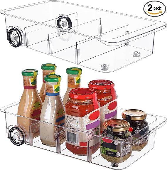 Vtopmart Fridge Organizer Bins on Wheels, Clear Roll Out Drawer Refrigerator Organizing Caddy with Dividers, Thick Plastic Storage Bins for Pantry, Kitchen, Cabinet etc