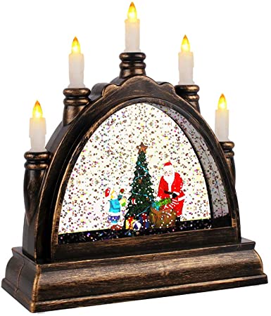 Suweor Upo Christmas Lighted Water Lantern, Swirling Glittering Snow Globe Lantern, Retro Arch Bridge Frame Candle Night Light, Xmas Decorative Lamp Festival Ornament and Gifts