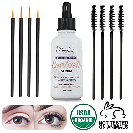 Natural Eyelash Growth Serum from Papillon. Promotes Healthy Long, thick, Butterfly Lashes. Made with 100% Organic & Vegan Castor & Coconut Oils. Comes with lash curler, mascara & eyeliner brushes.