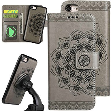 iPhone 8 / iPhone 7 Flip Cell Phone Case Cover, [Detachable Magnetic][Emboss Flower] 4.7inch iPhone7 Wallet Leather Case Card Holder Slot Case for Apple iPhone 7 (2016) / iPhone 8 (2017) Case - Grey