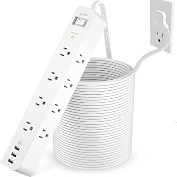 10FT Extension Cord FLAT Plug Power Strip Surge Protector with 8 Widely AC Outlets and 3 USB Ports Outlet Extender Power Station Overload Protection Wall Mounted for Home Office Dorm Fan Computer, ETL