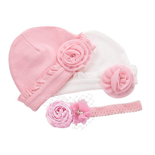 ERISO Newborn Hospital Beanie Hat - Soft Cotton Flower for Baby Girl 2 Pack Caps