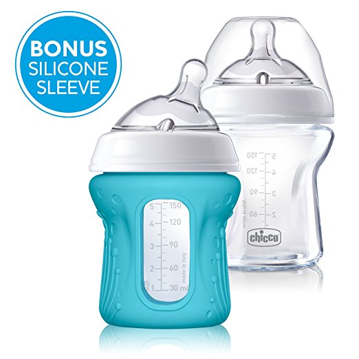 Chicco NaturalFit Glass Baby Bottle 2 Pack, 0m  Slow Flow, with Bonus Silicone Sleeve