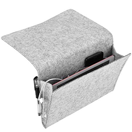 FAMEBIRD Bedside Caddy Hanging Storage Organizer Bag Felt Bedside Pocket- Phone, Tablet, Glasses, Remotes, Magazine Holder- Light Gray