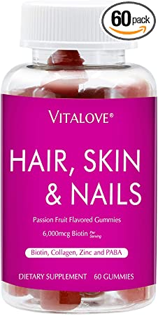 VITALOVE- Hair, Skin & Nails with Biotin, Collagen, Zinc and PABA for Women & Men. 60 Count.