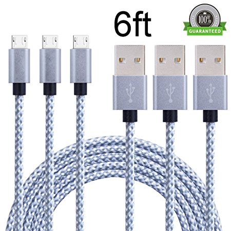 Airsspu Micro USB Cable,3Pack 6FT Long Premium Nylon Braided High Speed 2.0 USB to Micro USB Charging Cord Android Fast Charger for Samsung Galaxy S7/S6/S5/Edge,Note 5/4/3,HTC,LG (Gray White)