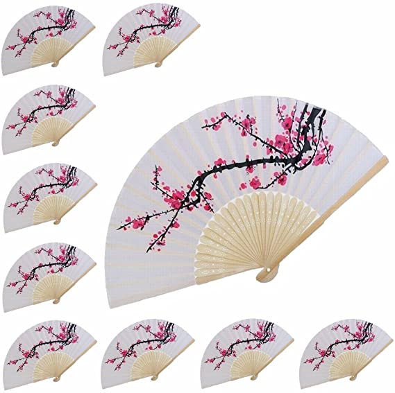 VANVENE 10 pcs Delicate Cherry Blossom Design Silk Folding Hand Fan Wedding Favors Gifts