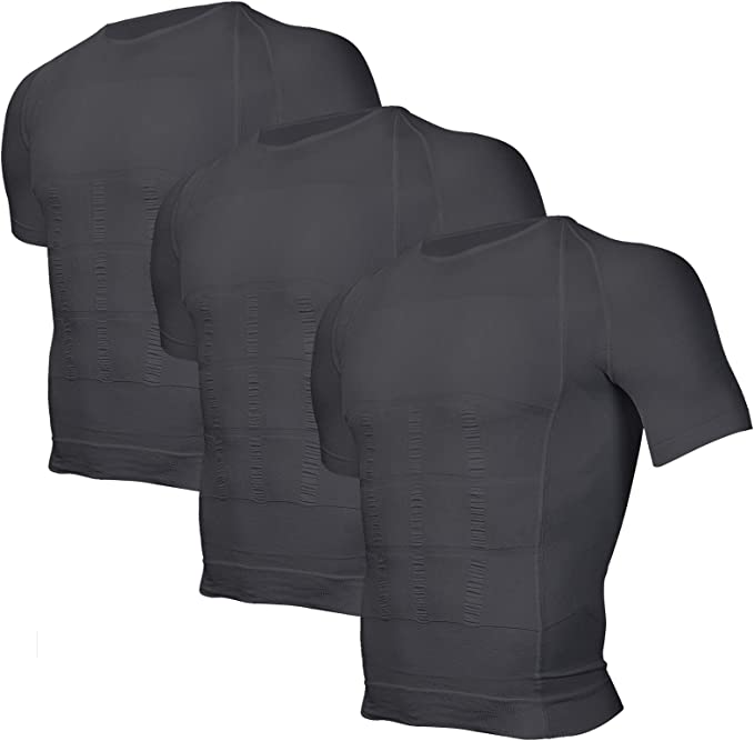 Odoland 3 Pack Men's Body Shaper Slimming Shirt Tummy Vest Thermal Compression Base Layer Slim Muscle Short Sleeve Shapewear