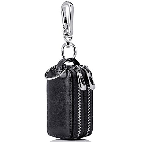 BaouBow Genuine Leather Car key Chain bag Metal Hook Zipper Car Key Bag (black)