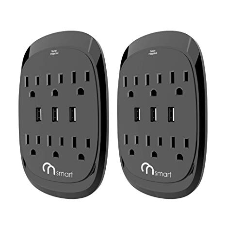 ON Smart USB Wall Tap Surge Protector with 6 outlets 3 USB-3.4A Output, Portable Wall-Mount Socket- 300J Surge Protection & Smart Charging for Home- Office- Kitchen- Travel (2 Pack)