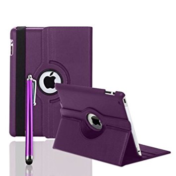 Rotating 360 Leather Case Cover With Stylus For Apple iPad 2 and 3 and iPad 4 4Th Gen (Purple)