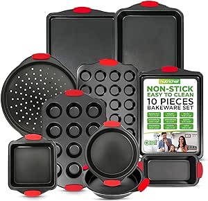 NutriChef Premium 10-Piece Bakeware Set - Flexible Nonstick Carbon Steel, Stylish Red Silicone Handles, Oven Safe Up to 450°F, Dishwasher Safe, Ideal for Baking Cakes, Muffins & More