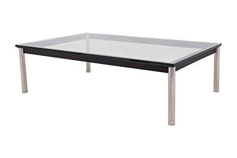 LeisureMod Le Corbusier Style LC10 Glass Top Stainless Steel Rectangle Coffee Table