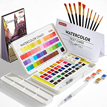 Watercolour Paint Set, Shuttle Art 48 colours Watercolour Paint in Half Pan, 2 Water Brush Pens, 10 Brushes, 1 Pad, 1 Palette, 2 colour Charts, Watercolour Kit for Kids, Adults, Artists