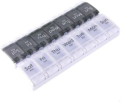 WOWHOUSE Pill Box Organiser 7-Day Weekly for AM PM Day Night Twice A Day, Pill Case with 14 Compartments for Vitamin Capsule Supplements Press Open Black-White (2time1day-blk)