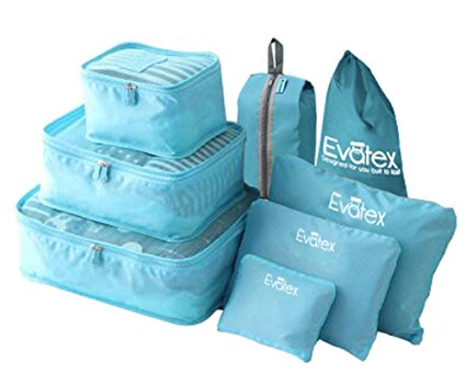 Evatex Packing Cubes - 8 Psc Set Travel Packing Cubes, with Waterproof Shoe Bag, cosmetic bag, diaper bag, Laundry Bag (Blue)