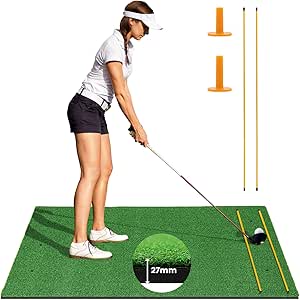 Goplus Golf Mat, 5x3ft/5x4ft Golf Hitting Mat 20/25/27/32mm Thick w/2 Alignment Sticks & 2 Golf Tees, Portable Artificial Turf Grass Golf Training Mat Practice for Indoor Outdoor