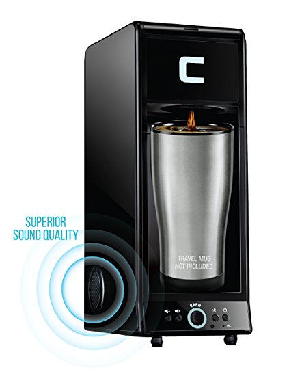 Chefman Coffee Maker K-Cup BUZZ Brewer with Bluetooth Enabled Speaker System and FILTER INCLUDED For Use With Coffee Grounds - Small Footprint Single Serve - RJ14-BUZZ