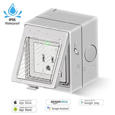 Outdoor Wi-Fi Smart Plug, Works with Amazon Alexa and Google Home No Hub Required, IP55 Weatherproof Smart Socket, Plug-In, On/Off and Timing/Timer Setting App Control by Smart Phone