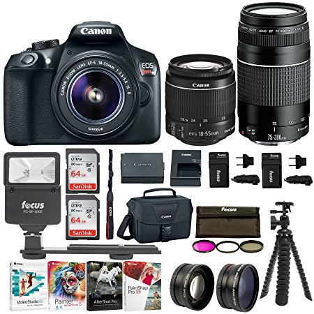 Canon EOS Rebel T6 Digital SLR Camera with EF-S 18-55mm f/3.5-5.6 IS II and EF 75-300mm f/4-5.6 III Lenses, 128GB, 2 Batteries with Travel Chargers and Corel Software Suite Bundle