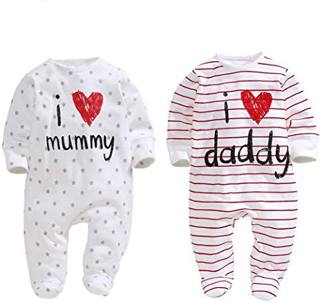 AOMOMO Unisex-Baby Newborn Footie I Love Mummy I Love Daddy Bodysuit 2 Pack (3 Month)