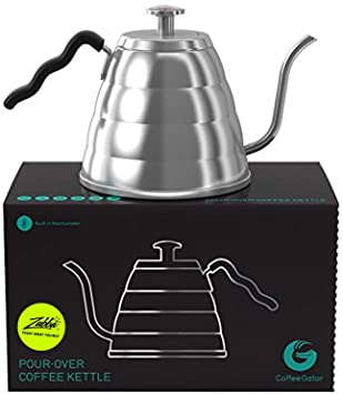 Gooseneck Kettle - Coffee Gator Pour Over Kettle - Precision-Flow Spout and Thermometer - Barista-Standard Hand Drip Tea and Coffee Kettle for Induction and all Stovetops - 40oz