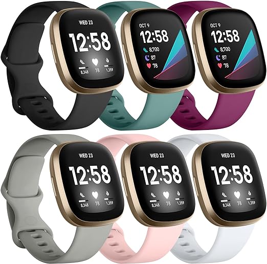 Maledan Compatible with Fitbit Sense Bands/Fitbit Versa 4 Bands/Versa 3 Bands Women Men, 6 Pack Soft TPU Waterproof Sport Strap Wristband Replacement Bracelets for Fitbit Versa 3/Sense 2 Smartwatch