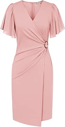 GRACE KARIN Women Sheath Wrap V Neck Bodycon Midi Dress Ruffle Sleeve Ruched Split Formal Cocktail Party Wedding Guest Dress