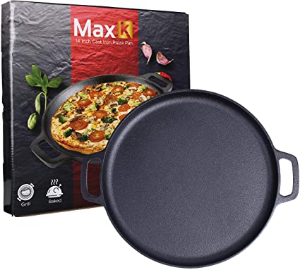 Max K 14-Inch Pizza Pan with Handles - Pre-Seasoned Skillet for Baking, Roasting, Frying, Induction Cooking - Large Cast Iron Bakeware for Cookies, Chicken, Casseroles - Black Cookware with Deep Walls