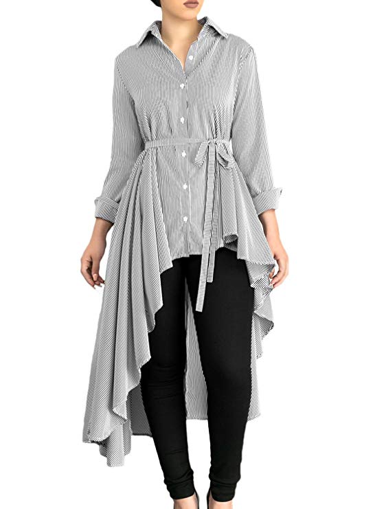 Dokotoo Womens Long Sleeve Button Down High Low Irregular Stripe Tops T Shirts with Belt