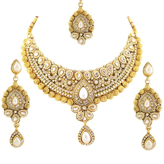 Bollywood Designer Ethinic Indian Premium Stone Polki Kundan Bridal Necklace Set - Pearl
