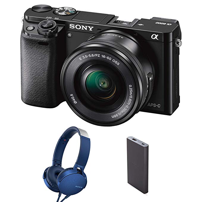 Sony Alpha ILCE-6000L 24.3MP Digital SLR Camera (Black)   16-50mm Lens with MDR-XB550AP Headphones and Power Bank (CP-VB10)