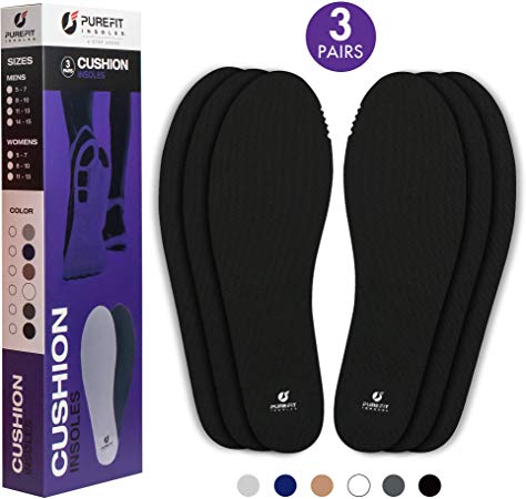 PureFit Cushion Shoe Insoles, 3 Pairs Shoe Inserts for Men, Removable Foam Insoles Set for Boots and Sneakers, Comfortable Anti-Microbial, Anti-Odor, Flat and Thin Work Insoles (Black, 7#)